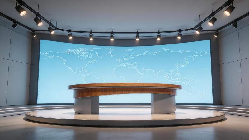 新闻演播室圆形主播台与世界地图背景图片