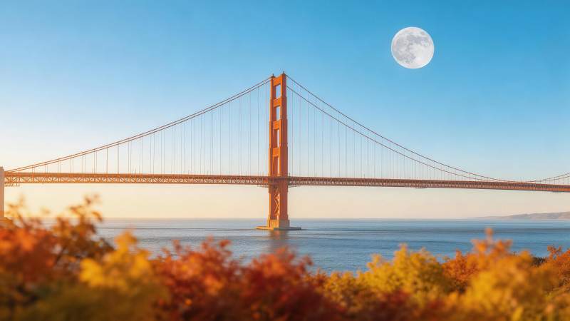 金门大桥秋日黄昏满月高悬海面图片