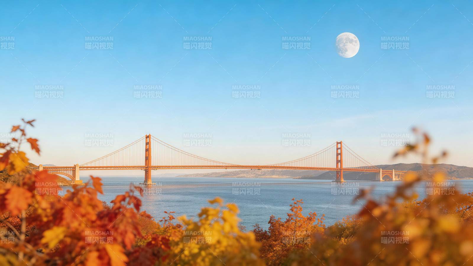 金门大桥秋日月升海景风光图片