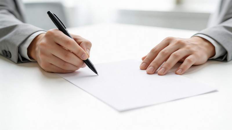 身穿灰色西装的人正在白纸上用黑色签字笔书图片