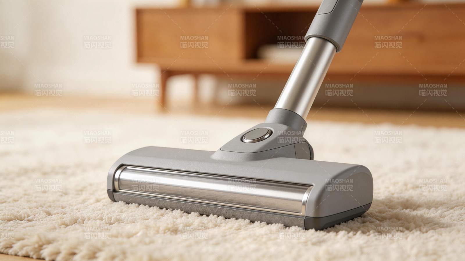 灰色吸尘器在米色地毯上清洁作业图片