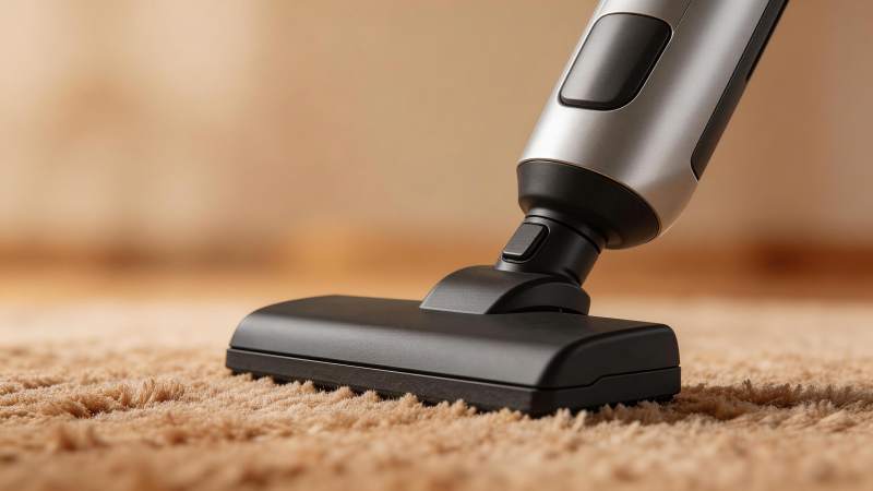 手持吸尘器正在清洁浅色地毯表面图片