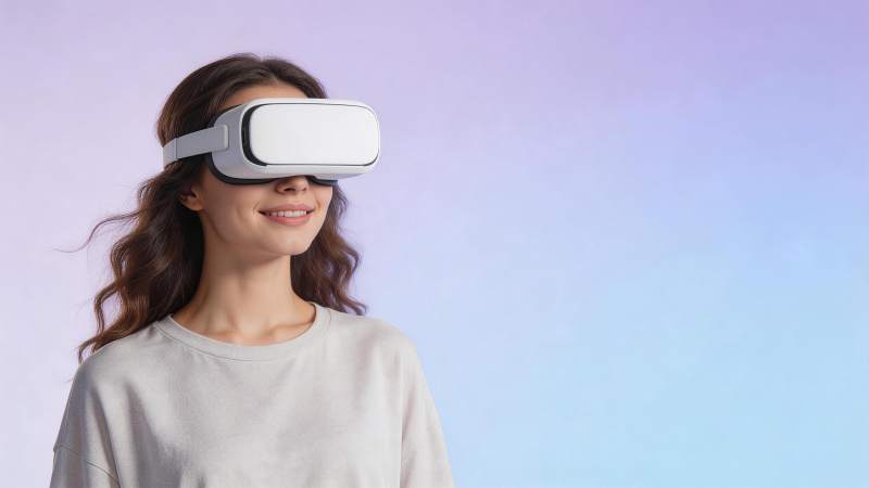 女性佩戴白色虚拟现实头戴设备体验场景图片