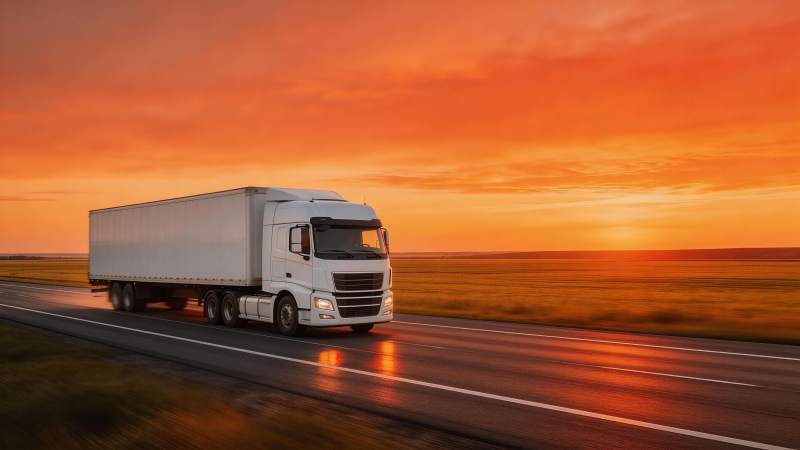 白色货车行驶在夕阳下的公路上图片