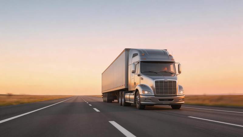 银色重型卡车行驶在黄昏高速公路图片