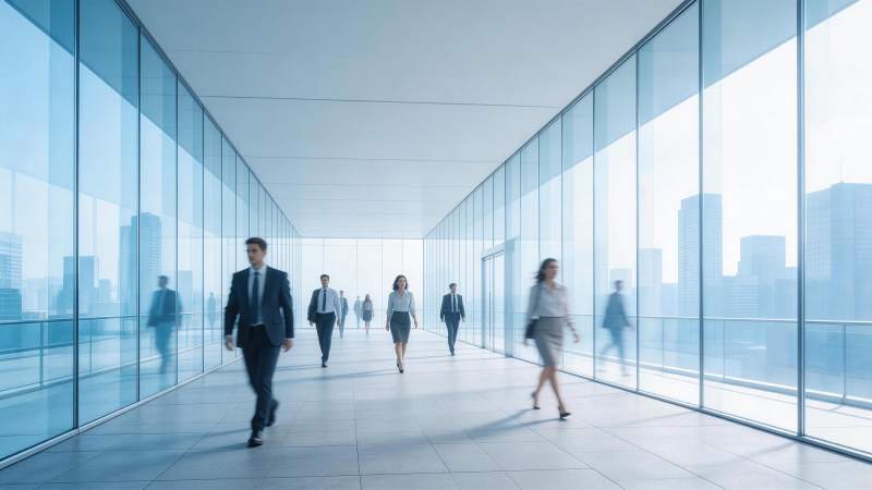 现代玻璃走廊中多位商务人士行走场景图片