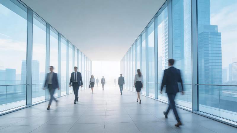 现代办公走廊中行人穿梭的商务场景图片