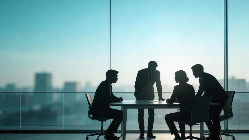 四人商务会议剪影于高层办公室窗前图片