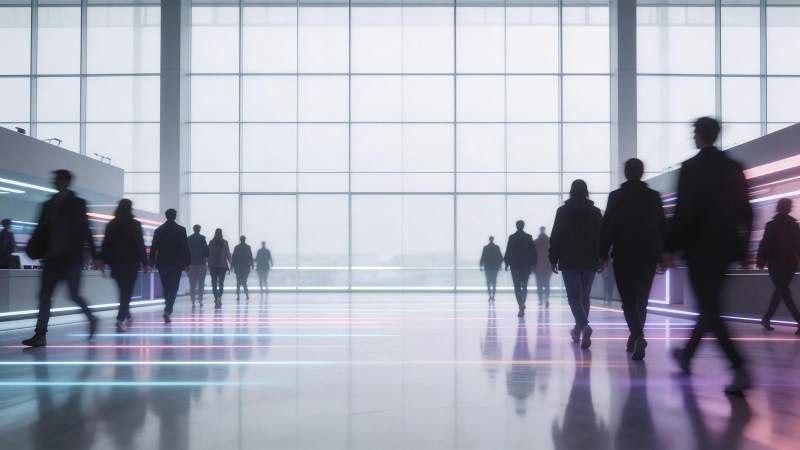 现代建筑内行人穿梭于发光地面走廊图片