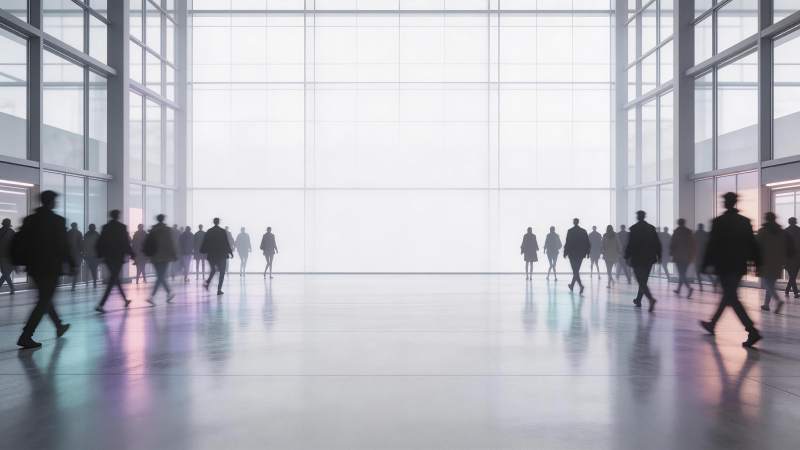 现代玻璃幕墙大厅中行走的人群剪影图片