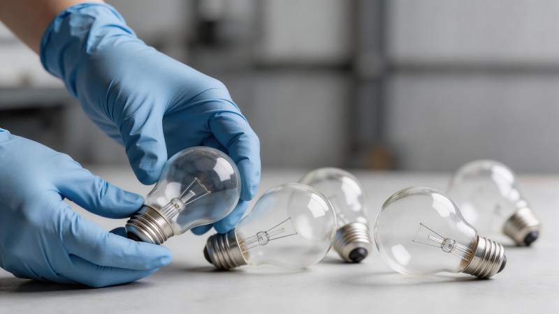 戴蓝色手套的手正在检查白炽灯泡图片