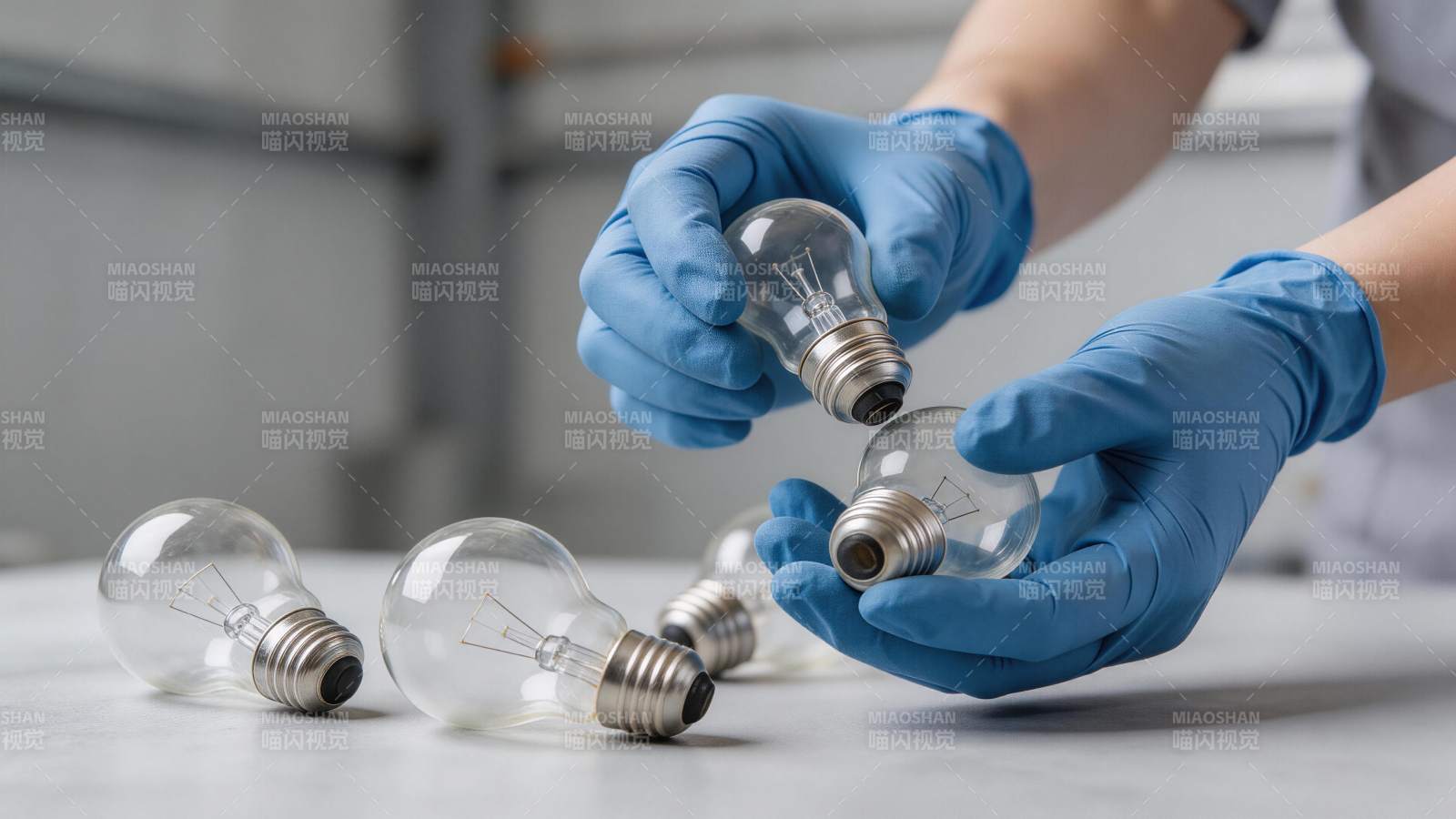 戴蓝色手套的人手持检查白炽灯泡图片