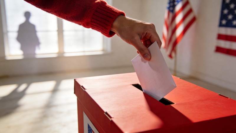 红色毛衣手投选票入红色票箱图片