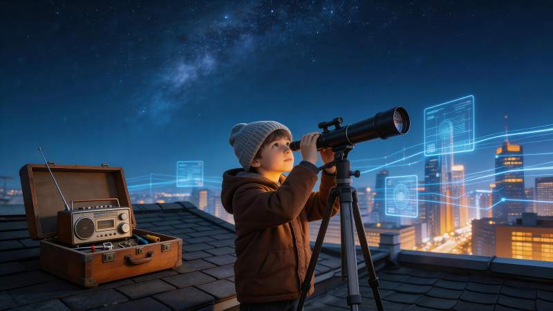 男孩屋顶用望远镜观测星空与城市夜景图片