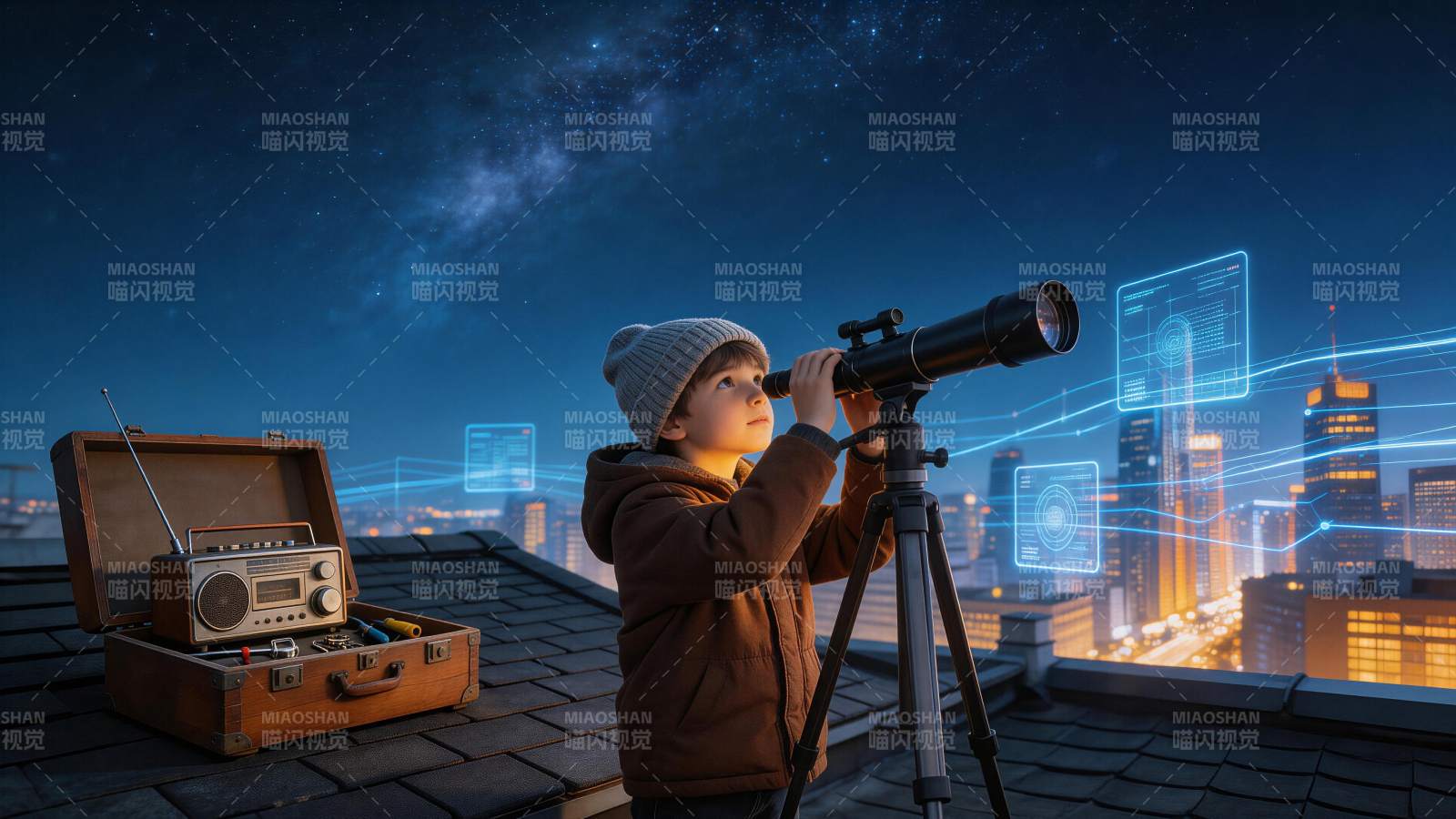 男孩屋顶用望远镜观测星空与城市夜景图片
