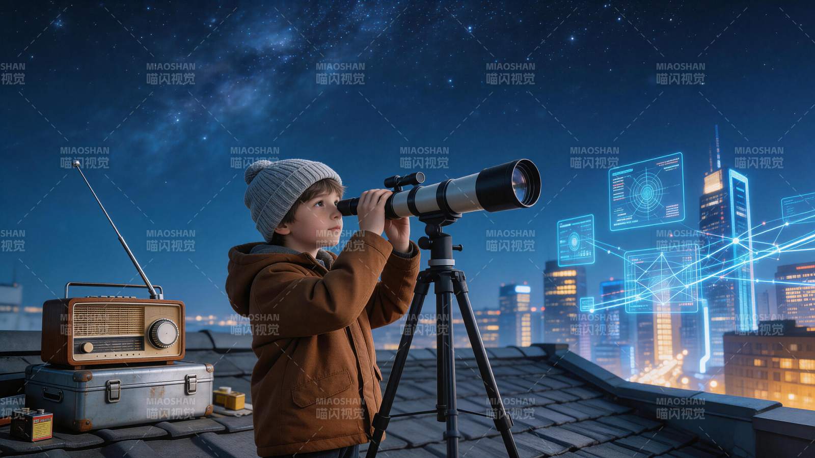 男孩屋顶用望远镜观测星空与城市夜景图片