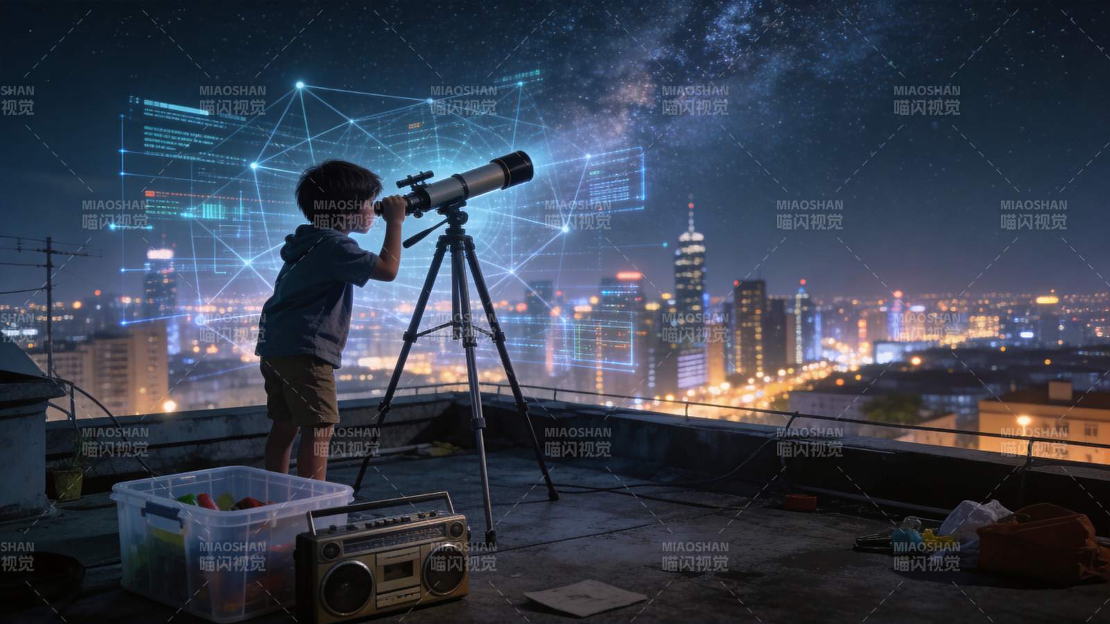 男孩屋顶用望远镜观测星空与数据投影图片