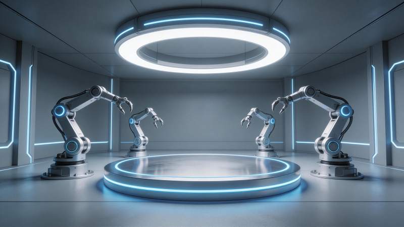 四个机械臂环绕发光平台的科技实验室场景图片