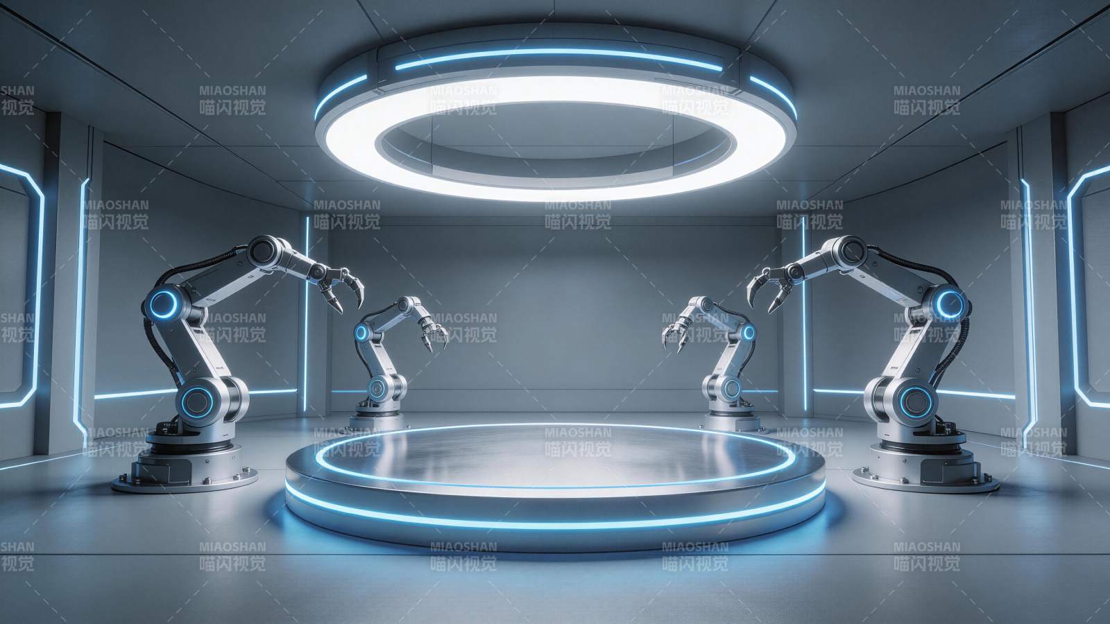 四个机械臂环绕发光平台的科技实验室场景图片