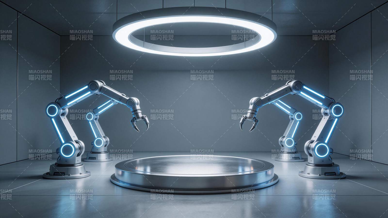 四台发光机械臂环绕中央平台的科技展示场景图片