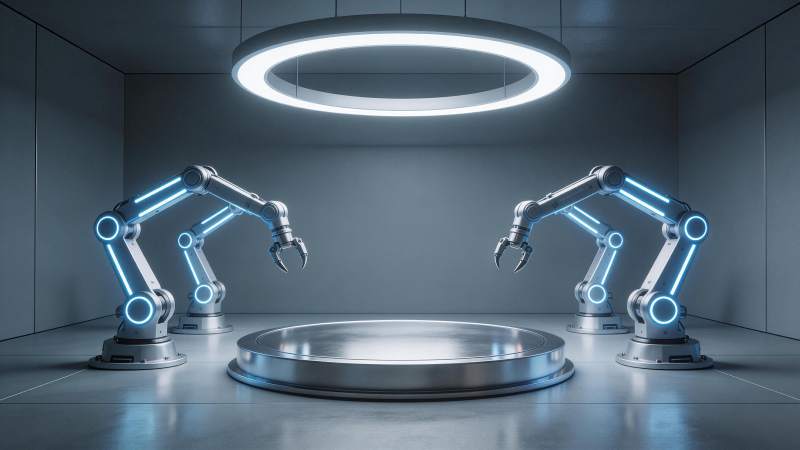 四台发光机械臂环绕中央平台的科技展示场景图片