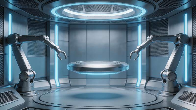 未来科技风格机械臂环绕悬浮平台场景图片