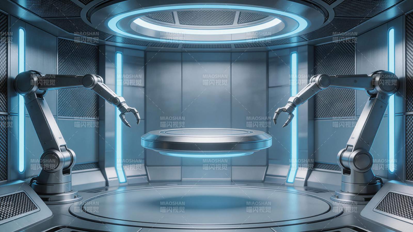 未来科技风格机械臂环绕悬浮平台场景图片