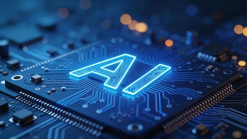 蓝色电路板上发光的AI字母标识特写图片