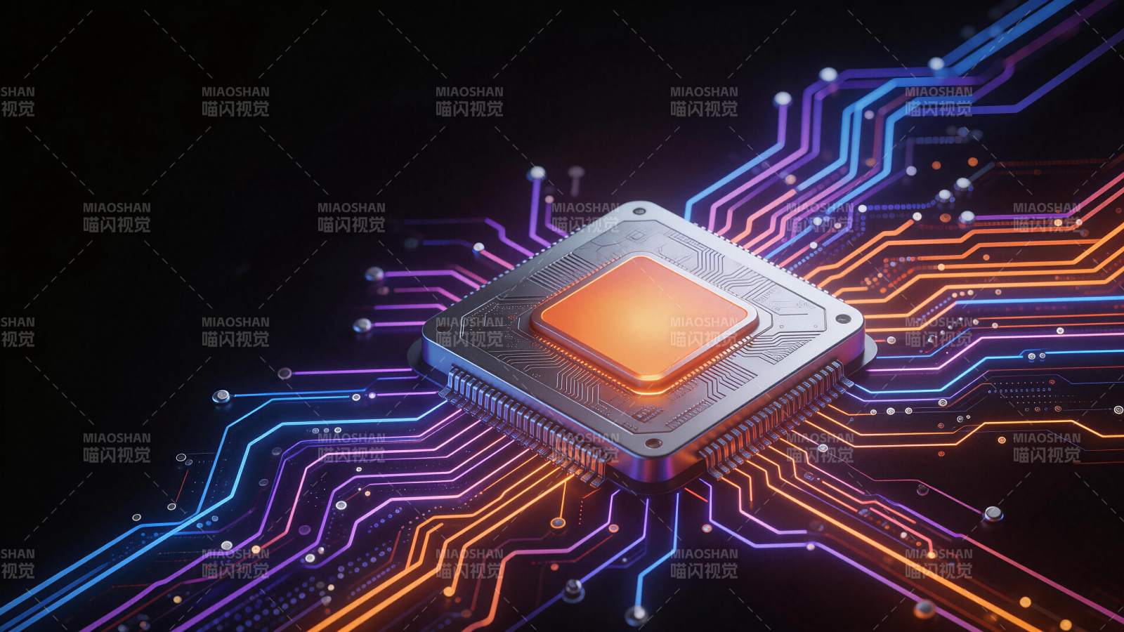 发光芯片连接彩色电路板线路特写图片