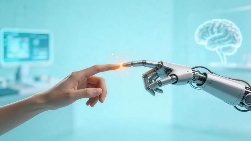 人类手指与机械手臂指尖触碰产生火花图片