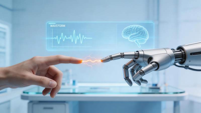 人手与机械臂指尖接触产生电火花并显示脑波图片