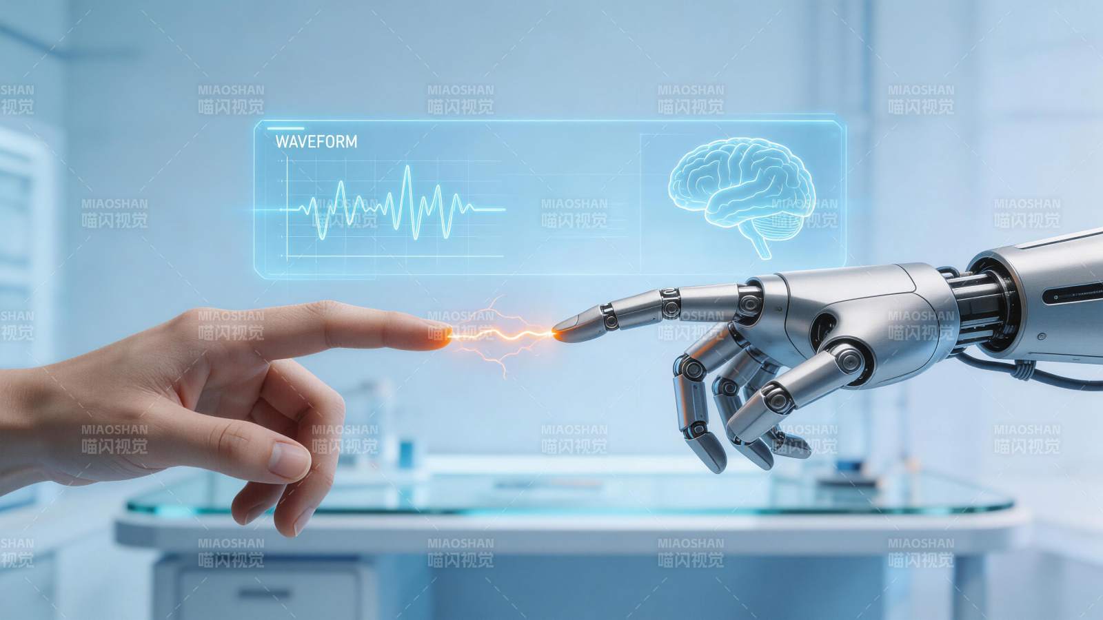 人手与机械臂指尖接触产生电火花并显示脑波图片