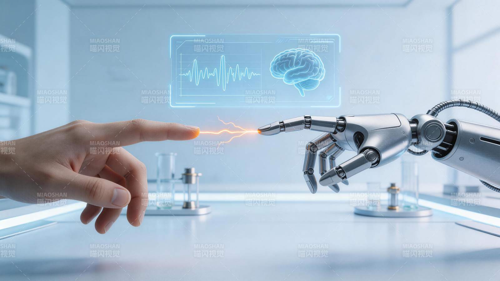 人手与机械臂指尖放电连接脑波监测界面图片
