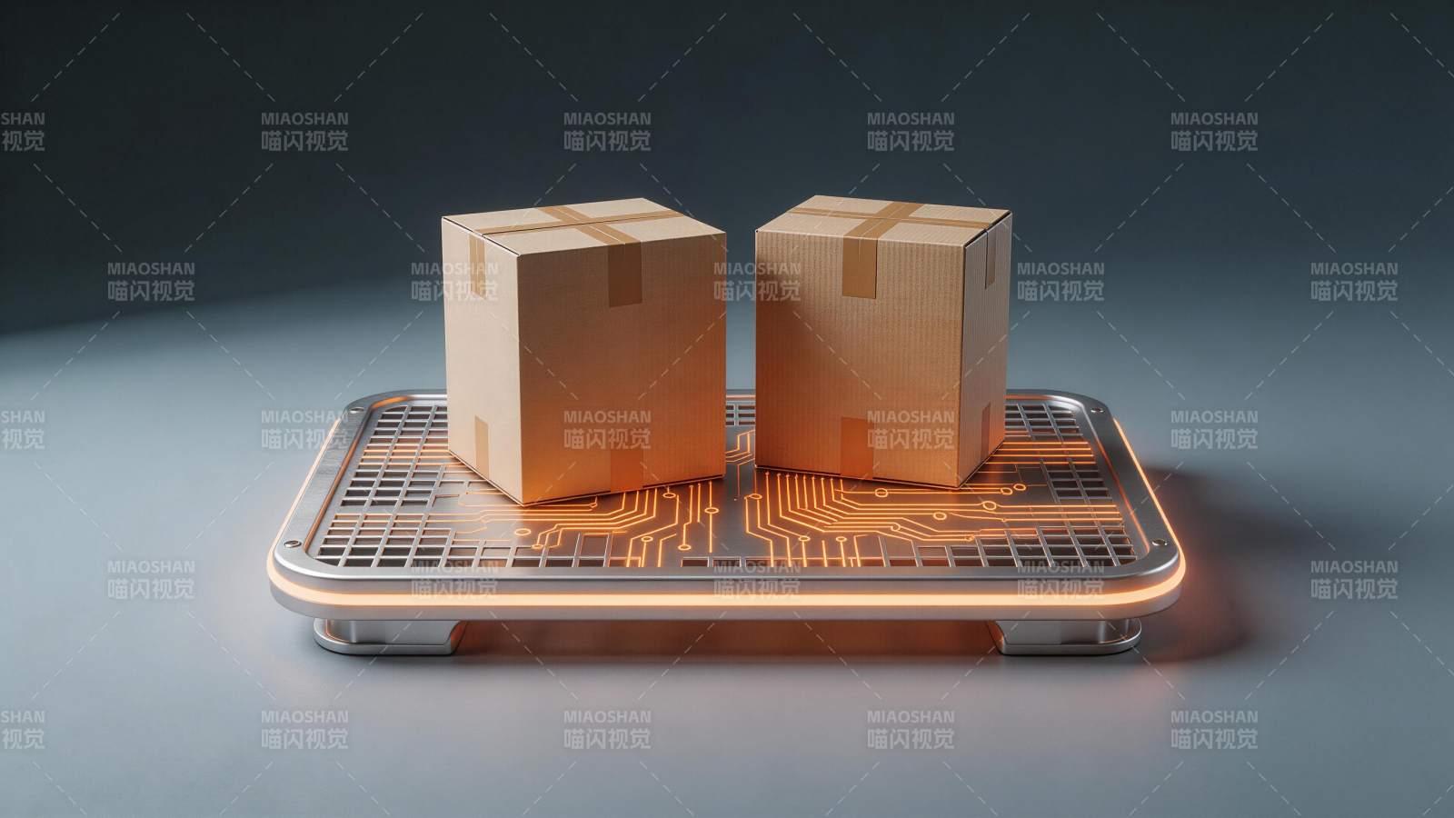 两个纸箱置于发光电路板托盘上展示图片