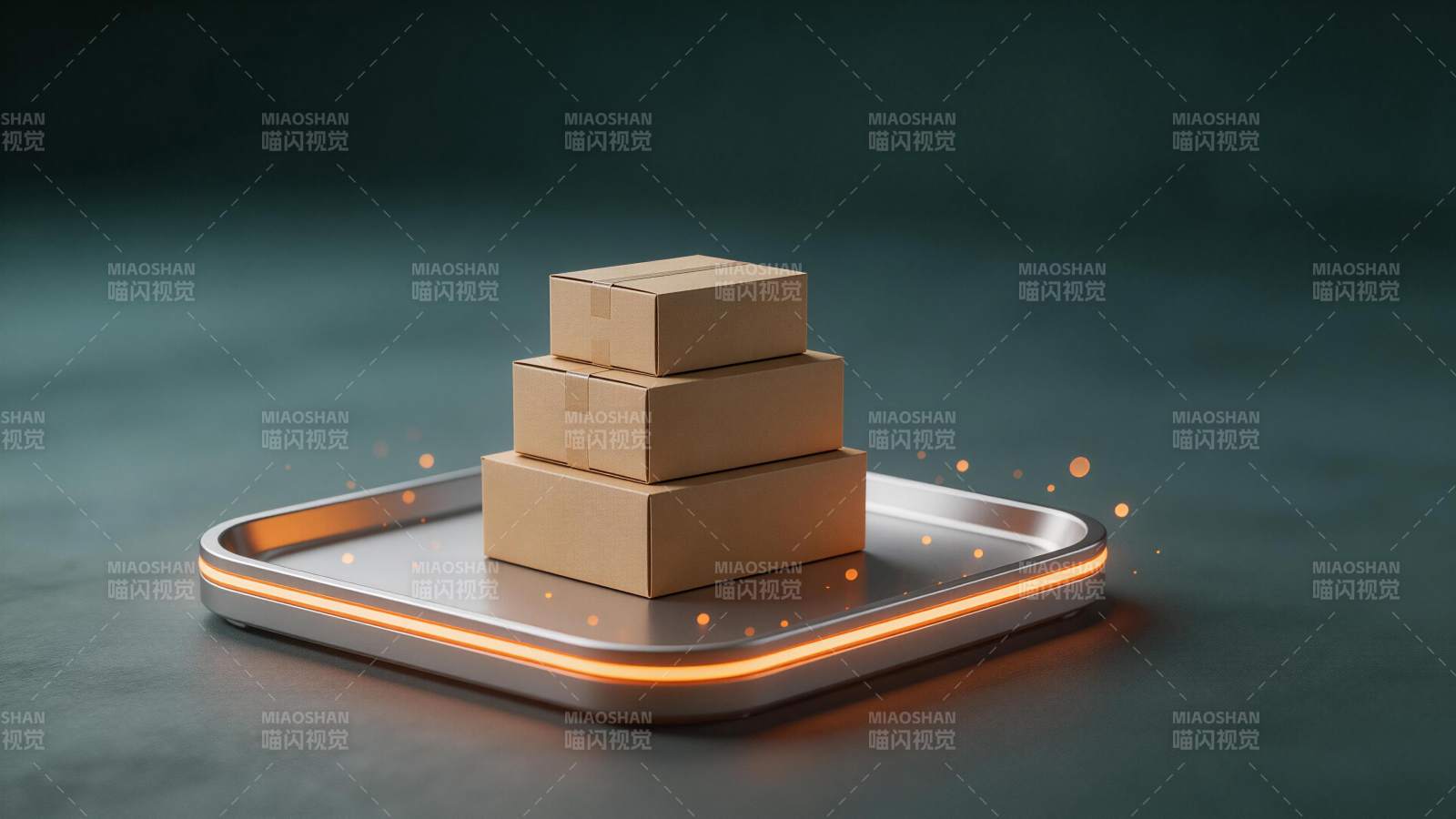 三个纸箱堆叠在发光金属托盘上图片