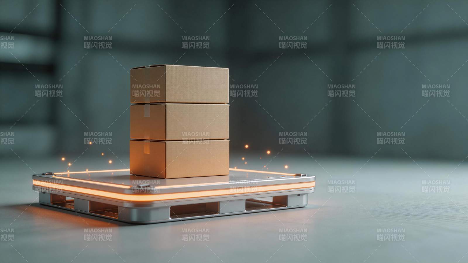 智能托盘承载三层纸箱的现代物流场景图片