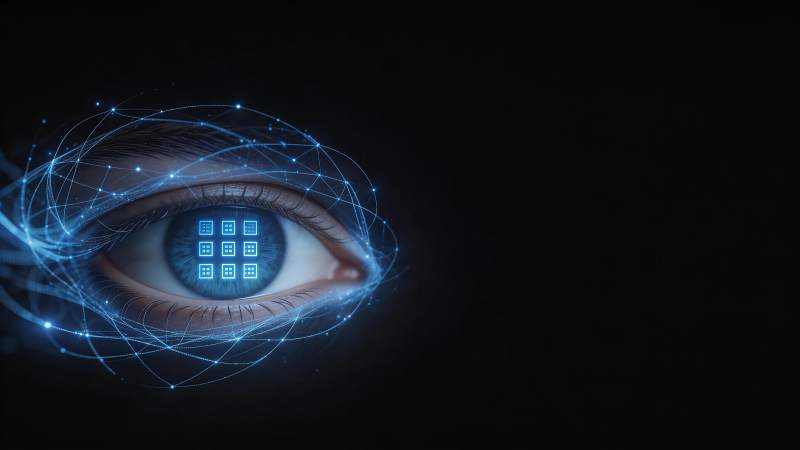 人眼虹膜中浮现蓝色网格数据界面图片