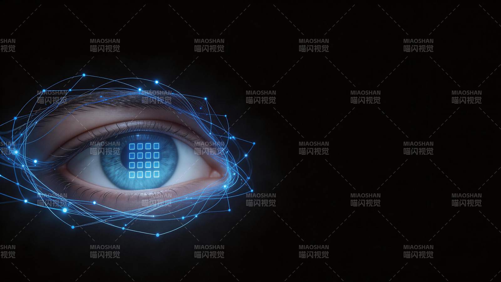 蓝色人眼叠加数字网格与发光连线图片