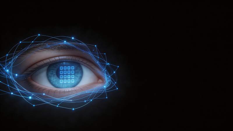 蓝色人眼叠加数字网格与发光连线图片