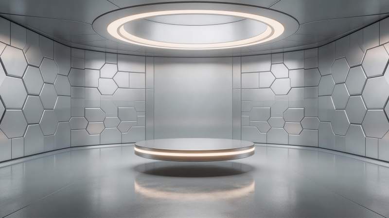 未来感金属六边形墙面环形灯展台空间图片