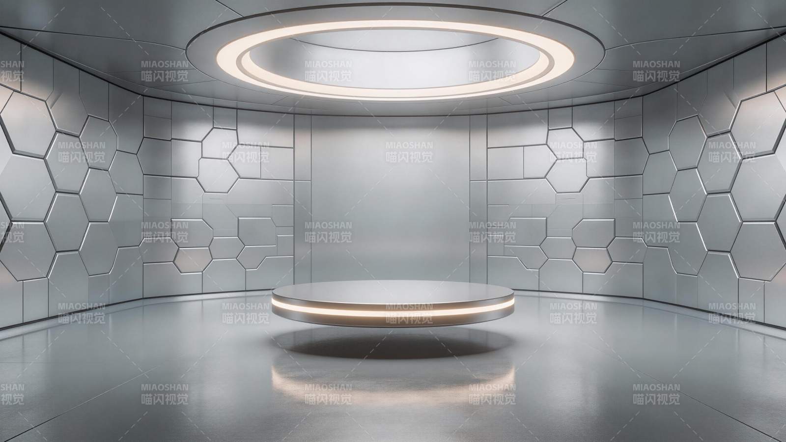 未来感金属六边形墙面环形灯展台空间图片