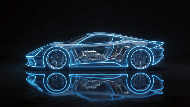 蓝色霓虹光效透明跑车结构透视图图片