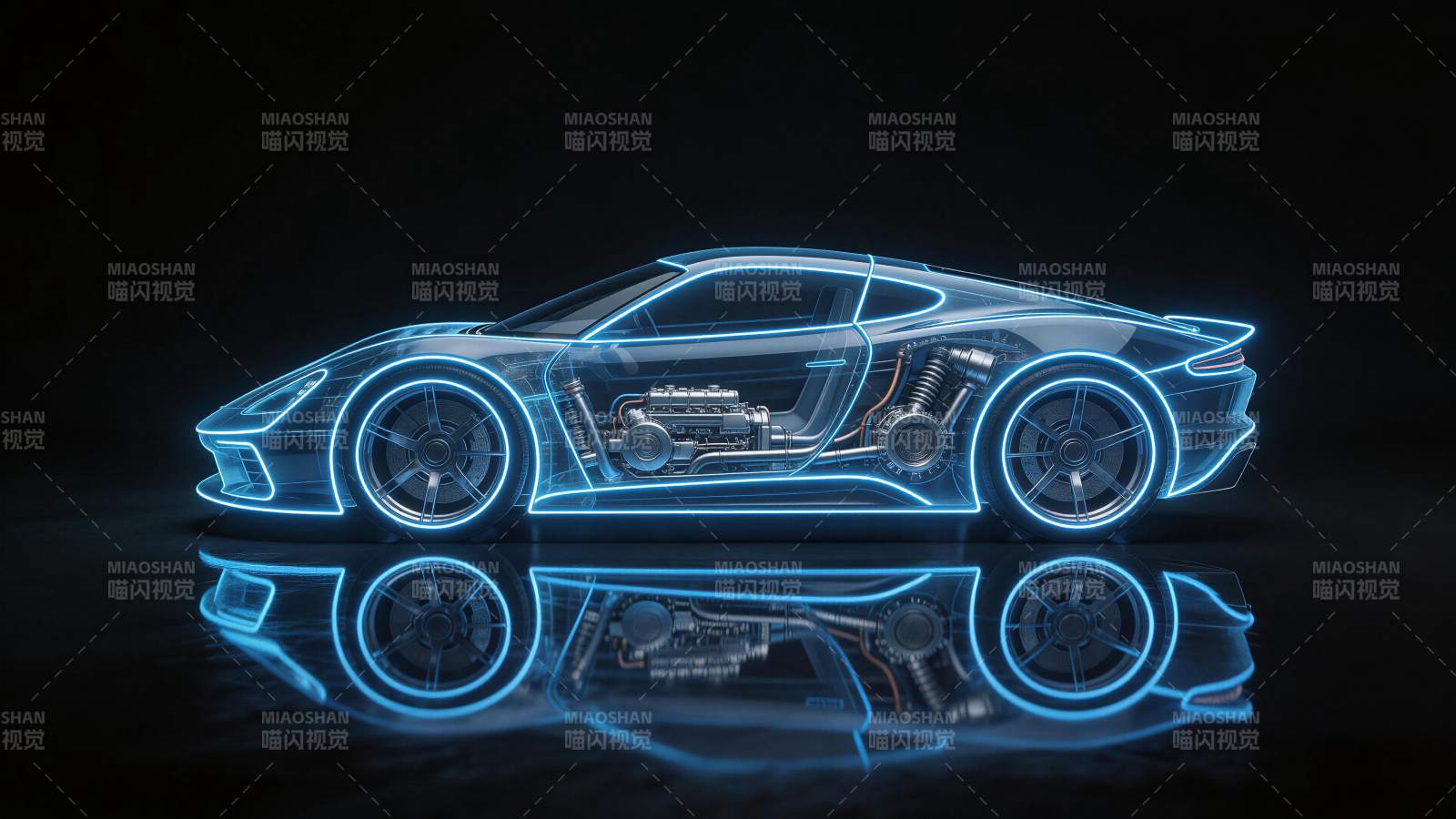 蓝色霓虹光效透明跑车结构透视图图片