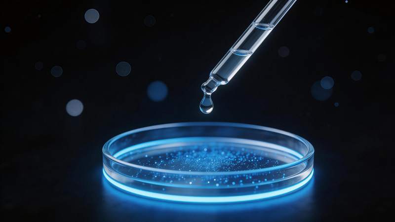 滴管向培养皿滴落液体的科学实验场景图片