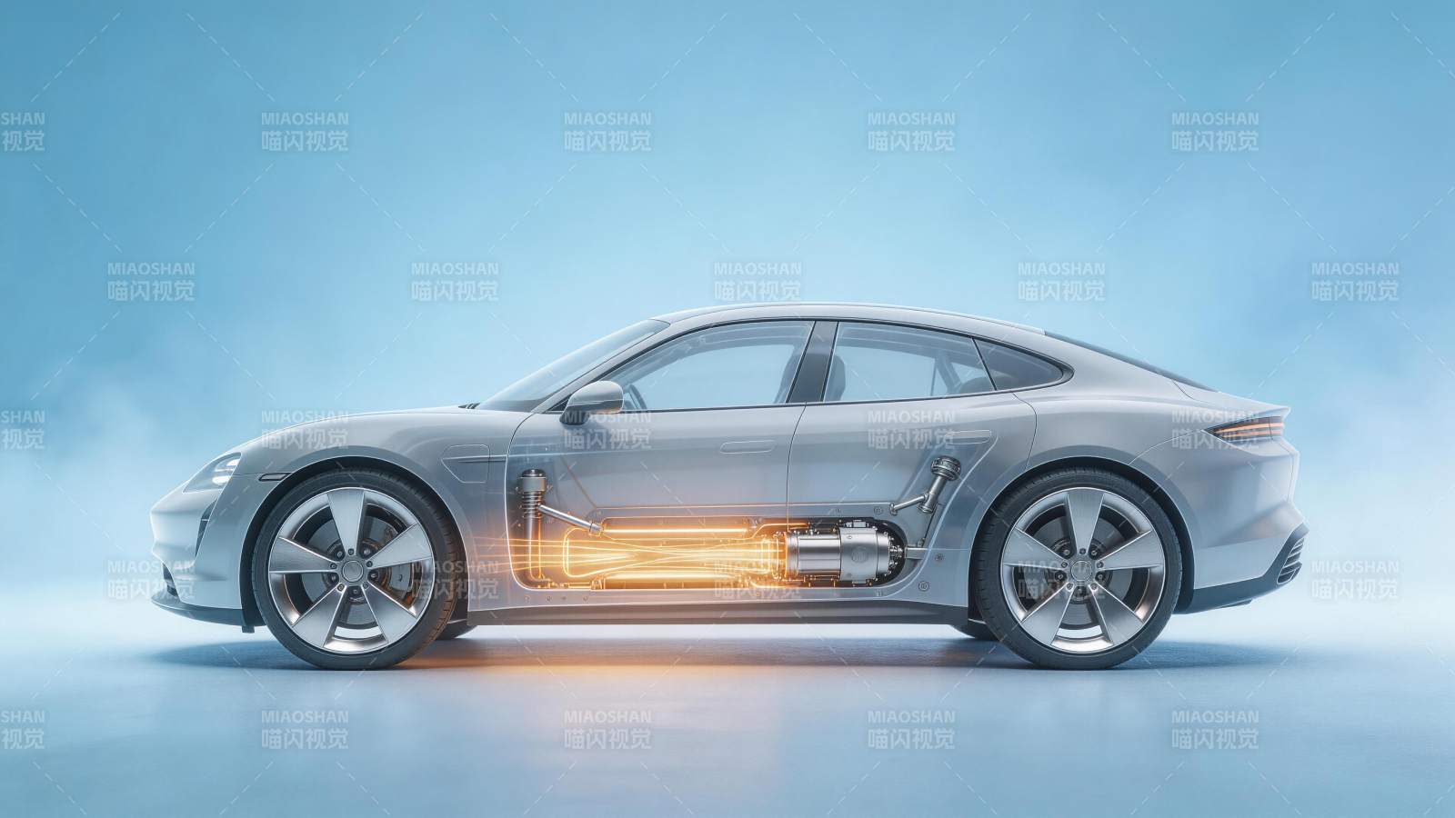 银色电动轿车侧面剖视展示动力系统结构图片