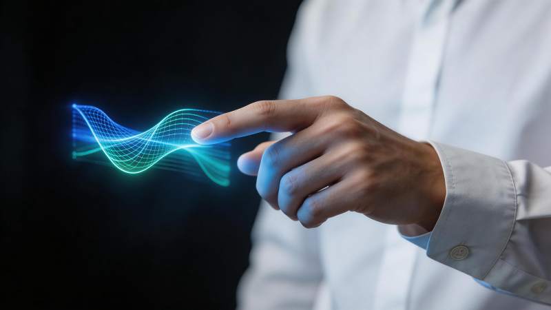 手指触碰蓝色绿色光波数据流图形图片