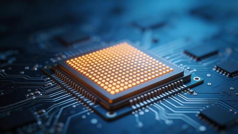 发光芯片安装在蓝色电路板上特写图片