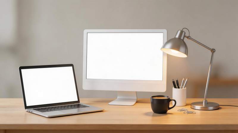 木质桌面上摆放笔记本电脑显示器台灯与文具图片