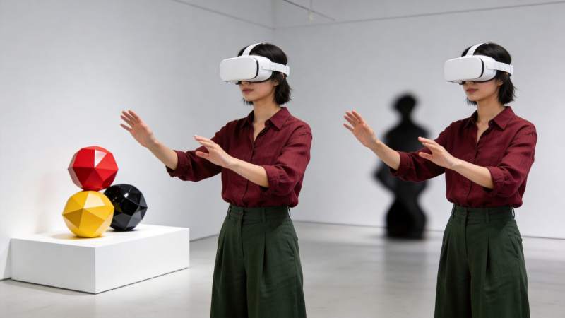女性佩戴VR设备互动几何雕塑展品图片