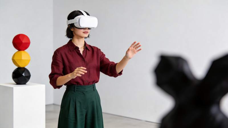 女性佩戴白色VR头显进行虚拟现实交互体验图片